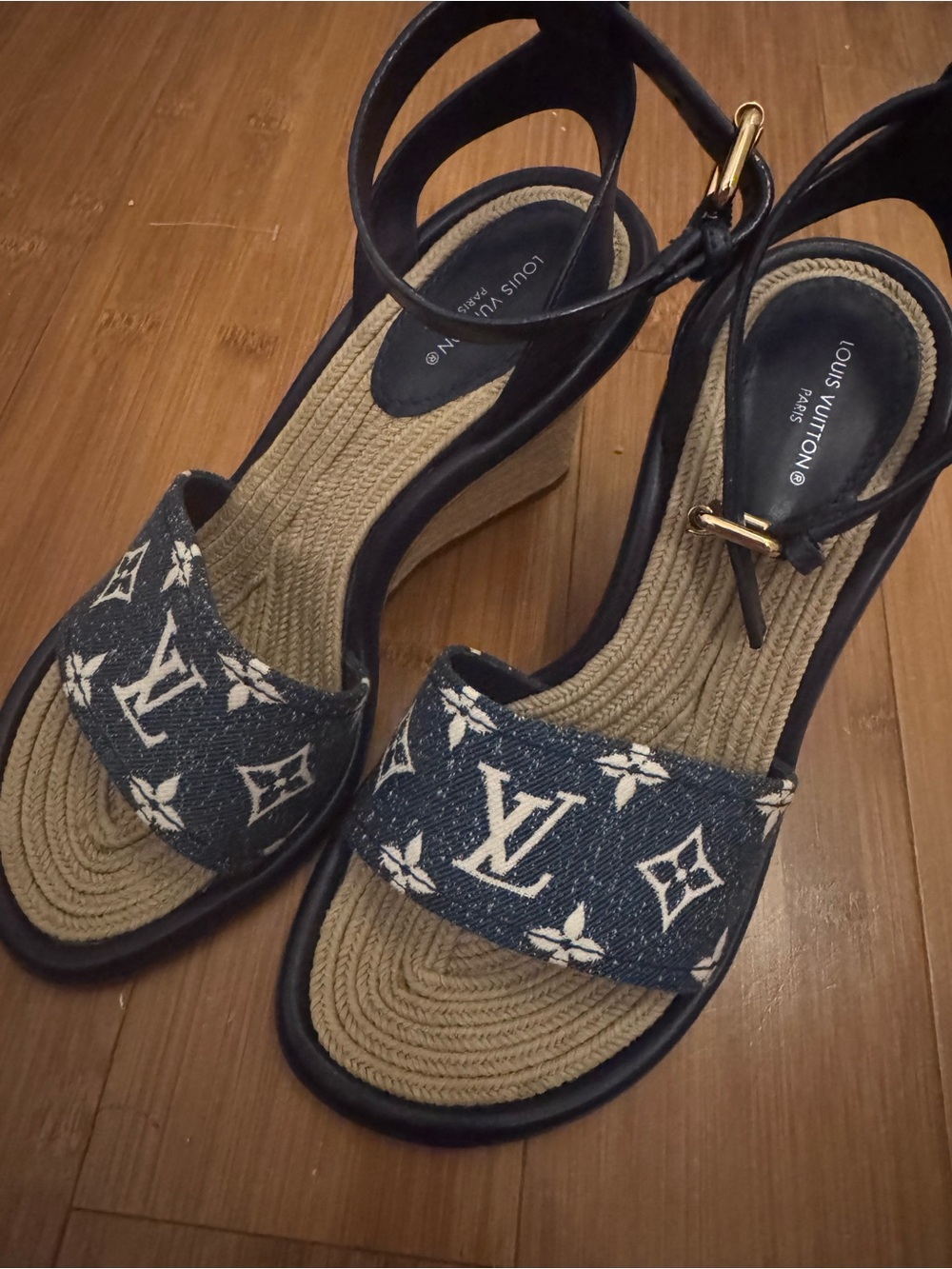 Louis Vuitton Navy Monogram Espadrille Sandals with Gold Buckle